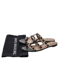 Pre Owned Valentino Black Leather Rockstud Open Toe Flat Slides Size 38