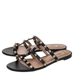 Pre Owned Valentino Black Leather Rockstud Open Toe Flat Slides Size 38