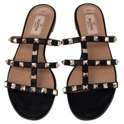 Pre Owned Valentino Black Leather Rockstud Open Toe Flat Slides Size 38