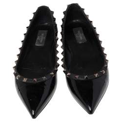 Pre Owned Valentino Black Patent Leather Rockstud Ballet Flats Size 39.5
