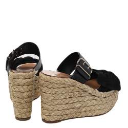 Pre Owned Valentino Black Leather And Suede Bow Espadrille Wedge Sandals Size 36.5