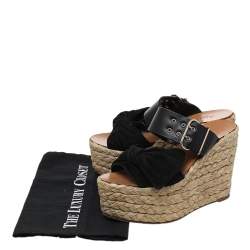Pre Owned Valentino Black Leather And Suede Bow Espadrille Wedge Sandals Size 36.5