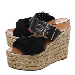 Pre Owned Valentino Black Leather And Suede Bow Espadrille Wedge Sandals Size 36.5