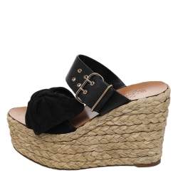 Pre Owned Valentino Black Leather And Suede Bow Espadrille Wedge Sandals Size 36.5