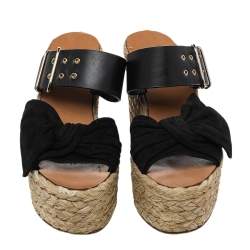 Pre Owned Valentino Black Leather And Suede Bow Espadrille Wedge Sandals Size 36.5