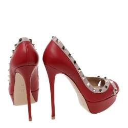 Pre Owned Valentino Red/Beige Leather Rockstud Crisscross Peep Toe Platform Pumps Size 38