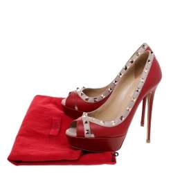 Pre Owned Valentino Red/Beige Leather Rockstud Crisscross Peep Toe Platform Pumps Size 38