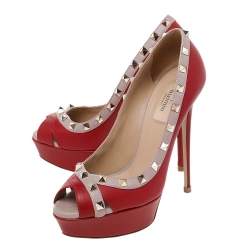 Pre Owned Valentino Red/Beige Leather Rockstud Crisscross Peep Toe Platform Pumps Size 38