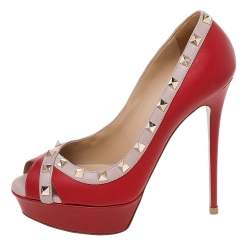 Pre Owned Valentino Red/Beige Leather Rockstud Crisscross Peep Toe Platform Pumps Size 38