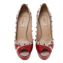 Pre Owned Valentino Red/Beige Leather Rockstud Crisscross Peep Toe Platform Pumps Size 38