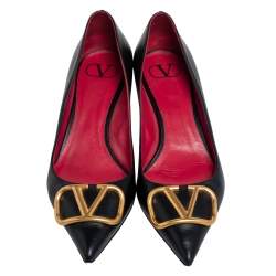 Pre Owned  Valentino Black Leather VLogo Pointed Toe Pumps Size 39