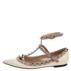 Pre Owned Valentino Cream/Beige Patent And Leather Rockstud Flats Size 36.5
