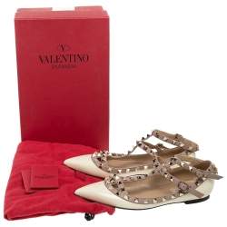 Pre Owned Valentino Cream/Beige Patent And Leather Rockstud Flats Size 36.5