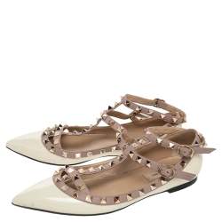 Pre Owned Valentino Cream/Beige Patent And Leather Rockstud Flats Size 36.5