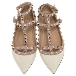 Pre Owned Valentino Cream/Beige Patent And Leather Rockstud Flats Size 36.5