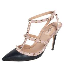 Pre Owned Valentino Black/Beige Leather Rockstud Ankle Strap Sandals Size 39