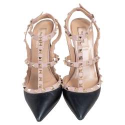 Pre Owned Valentino Black/Beige Leather Rockstud Ankle Strap Sandals Size 39