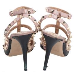 Pre Owned Valentino Black/Beige Leather Rockstud Ankle Strap Sandals Size 39
