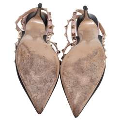 Pre Owned Valentino Black/Beige Leather Rockstud Ankle Strap Sandals Size 39