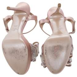 Pre Owned Valentino Blush Pink Satin Crystal Embellished Mesh Bow Platform Ankle Strap Sandals Size 39.5