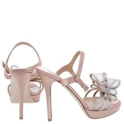 Pre Owned Valentino Blush Pink Satin Crystal Embellished Mesh Bow Platform Ankle Strap Sandals Size 39.5
