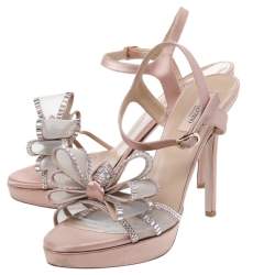 Pre Owned Valentino Blush Pink Satin Crystal Embellished Mesh Bow Platform Ankle Strap Sandals Size 39.5