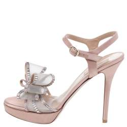 Pre Owned Valentino Blush Pink Satin Crystal Embellished Mesh Bow Platform Ankle Strap Sandals Size 39.5