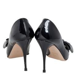 Pre Owned Valentino Black Patent Leather Bow Peep Toe Pumps Size 37.5