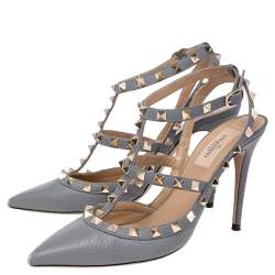 Pre Owned Valentino Stone Blue Leather Rockstud Pointed Toe Sandals Size 38