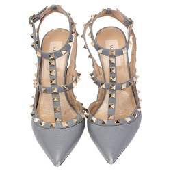 Pre Owned Valentino Stone Blue Leather Rockstud Pointed Toe Sandals Size 38