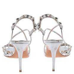 Pre Owned Valentino Metallic Silver Leather Rockstud Strappy Sandals Size 37.5