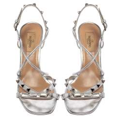 Pre Owned Valentino Metallic Silver Leather Rockstud Strappy Sandals Size 37.5