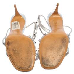 Pre Owned Valentino Metallic Silver Leather Rockstud Strappy Sandals Size 37.5