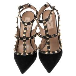 Pre Owned Valentino Black Suede And Leather Rockstud  Ankle Strap Sandals Size 38.5