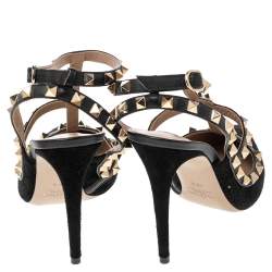 Pre Owned Valentino Black Suede And Leather Rockstud  Ankle Strap Sandals Size 38.5