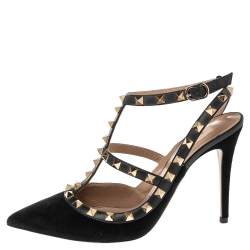 Pre Owned Valentino Black Suede And Leather Rockstud  Ankle Strap Sandals Size 38.5