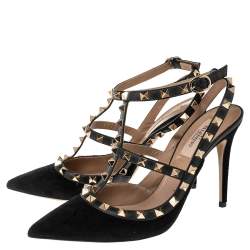 Pre Owned Valentino Black Suede And Leather Rockstud  Ankle Strap Sandals Size 38.5
