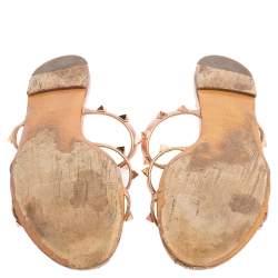 Pre Owned Valentino Metallic Rose Gold Leather Rockstud Caged Flat Slides Size 39.5