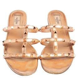Pre Owned Valentino Metallic Rose Gold Leather Rockstud Caged Flat Slides Size 39.5
