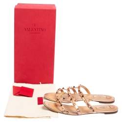 Pre Owned Valentino Metallic Rose Gold Leather Rockstud Caged Flat Slides Size 39.5
