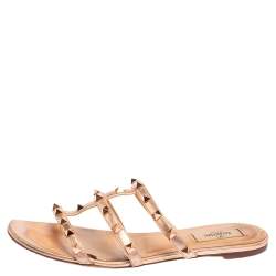 Pre Owned Valentino Metallic Rose Gold Leather Rockstud Caged Flat Slides Size 39.5