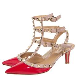 Pre Owned Valentino Pink/Red Patent Leather Rockstud Ankle Strap Sandals Size 38