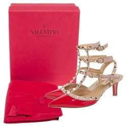 Pre Owned Valentino Pink/Red Patent Leather Rockstud Ankle Strap Sandals Size 38