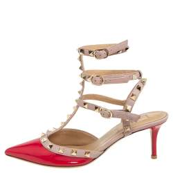 Pre Owned Valentino Pink/Red Patent Leather Rockstud Ankle Strap Sandals Size 38