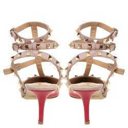 Pre Owned Valentino Pink/Red Patent Leather Rockstud Ankle Strap Sandals Size 38