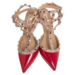 Pre Owned Valentino Pink/Red Patent Leather Rockstud Ankle Strap Sandals Size 38