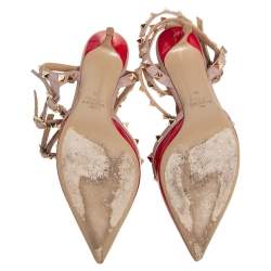 Pre Owned Valentino Pink/Red Patent Leather Rockstud Ankle Strap Sandals Size 38