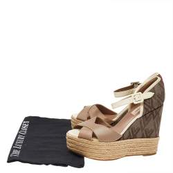 Valentino Beige/Brown Leather And Fabric Wedge Platform Espadrille Sandals Size 39.5