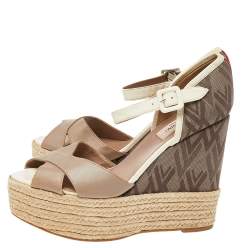 Valentino Beige/Brown Leather And Fabric Wedge Platform Espadrille Sandals Size 39.5