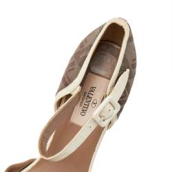 Valentino Beige/Brown Leather And Fabric Wedge Platform Espadrille Sandals Size 39.5